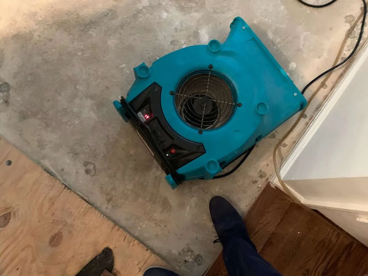 Air mover drying subfloor during Leak Detection & Repair in Manvel